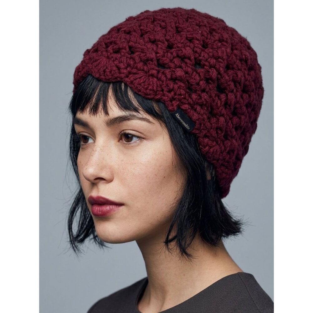Vintage Y2K Abercrombie & Fitch Maroon Crochet Open Knit Beanie Boho Grunge Hat